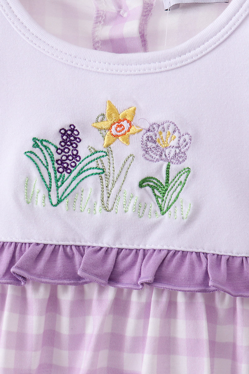 Purple floral embroidery gingham ruffle bubble - Aaria Tees Aaria Tees