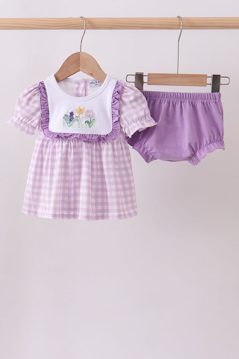 Purple floral embroidery gingham bloomer set - Aaria Tees