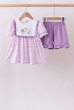 Purple floral embroidery gingham ruffle shorts set - Aaria Tees Aaria Tees