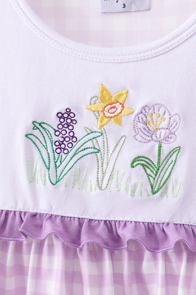 Purple floral embroidery gingham ruffle shorts set - Aaria Tees Aaria Tees