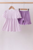 Purple floral embroidery gingham ruffle shorts set - Aaria Tees Aaria Tees