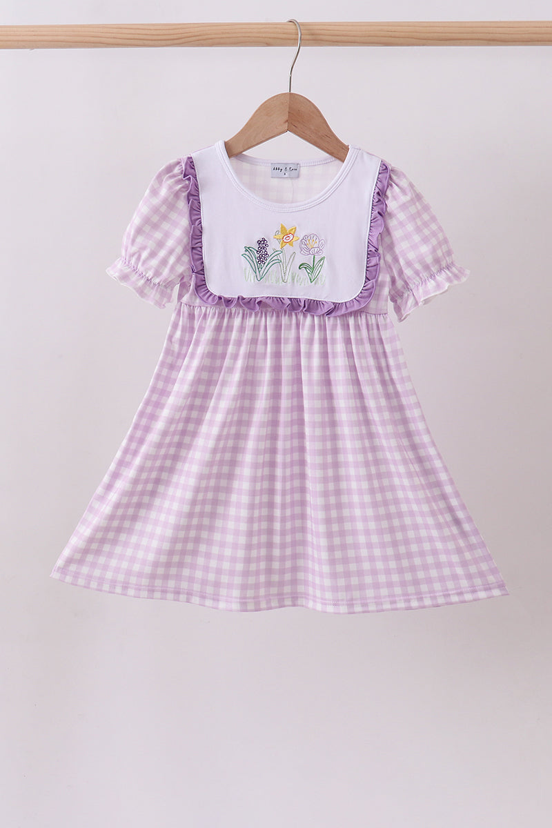 Purple floral embroidery gingham ruffle dress - Aaria Tees