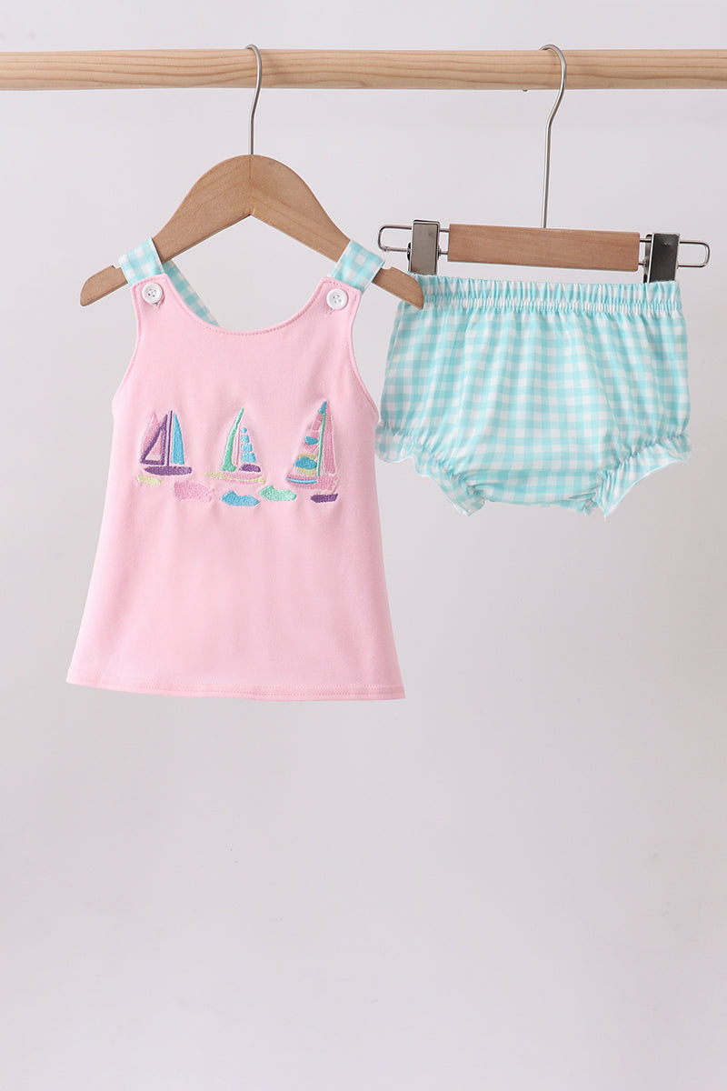 Pink sailboat embroidery bloomer set - Aaria Tees