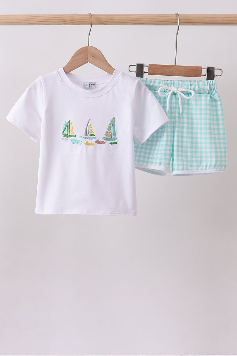 White sailboat embroidery shorts set - Aaria Tees Aaria Tees