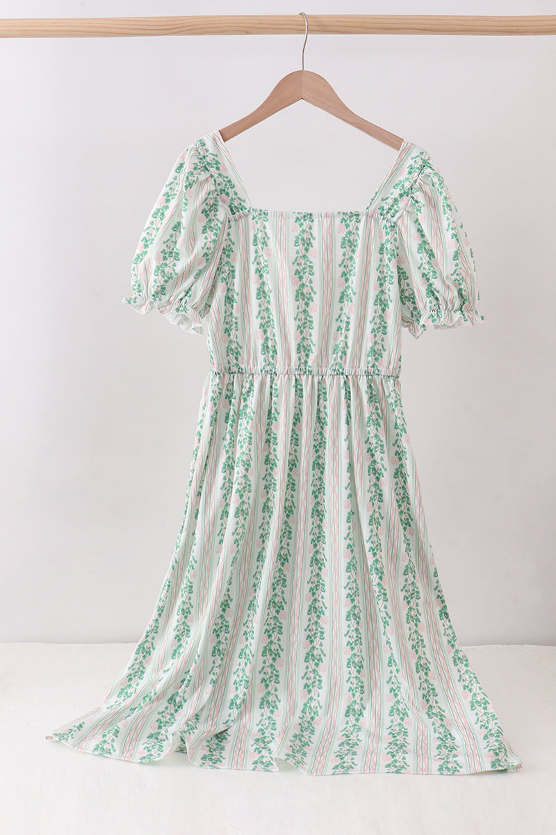Green floral stripe dress (length 41.33in) - Aaria Tees