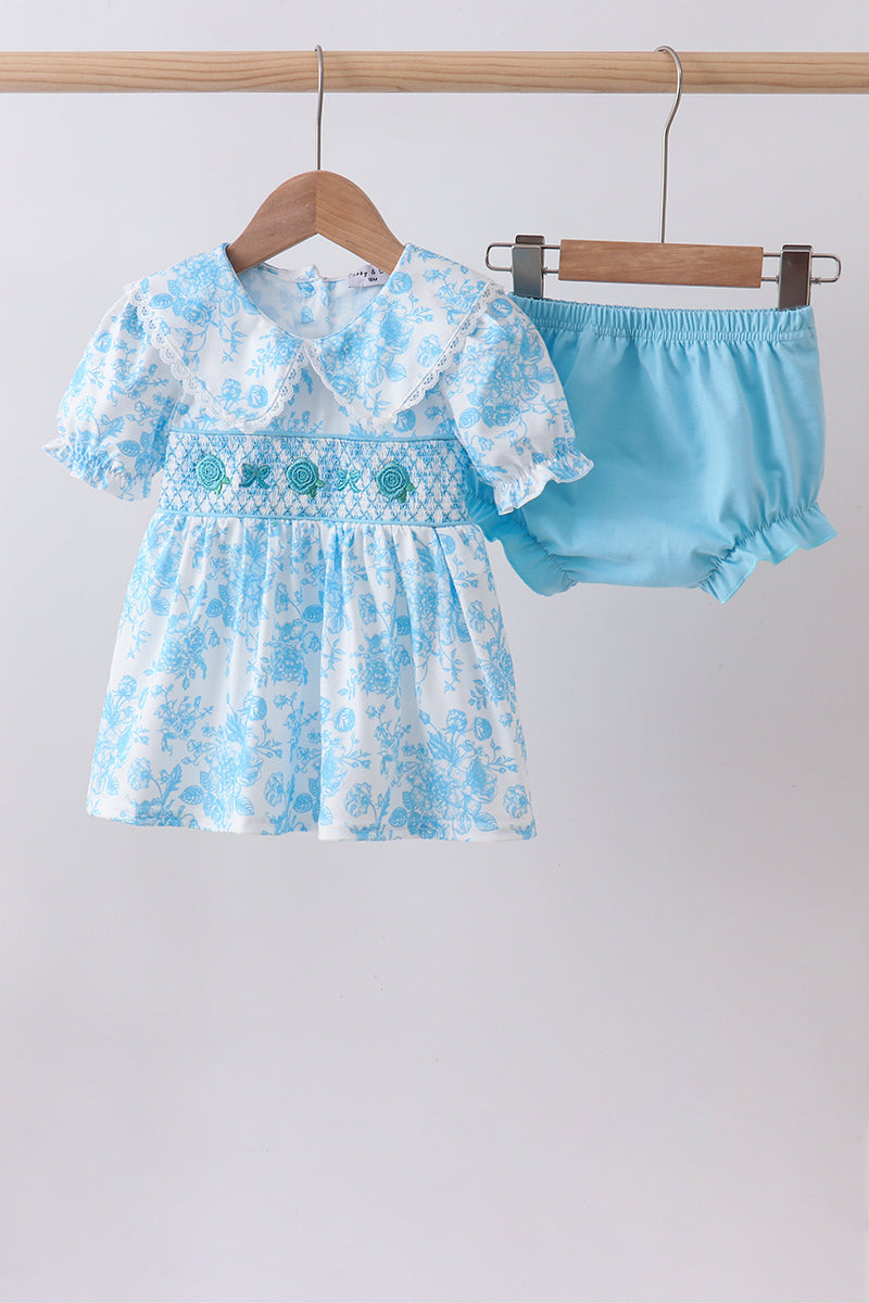 Blue rose smocked bloomer set - Aaria Tees Aaria Tees