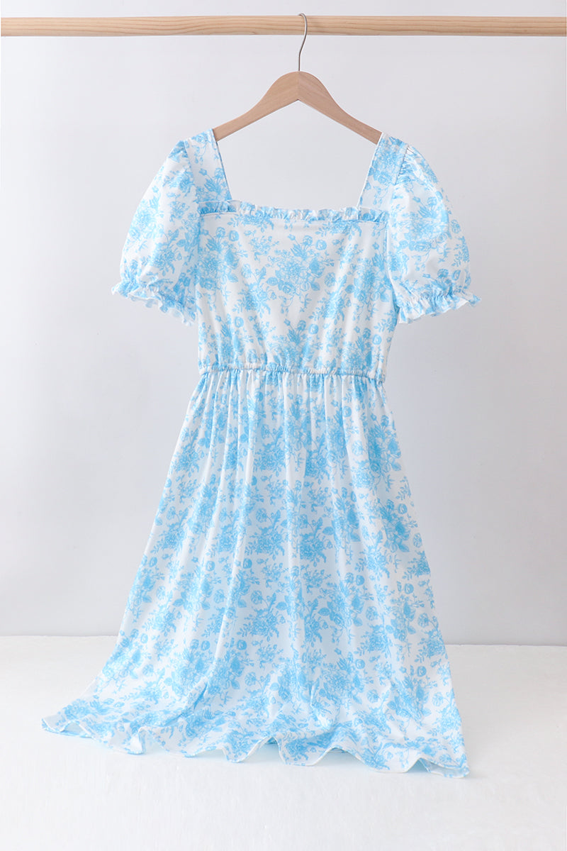 Blue rose print women dress - Aaria Tees