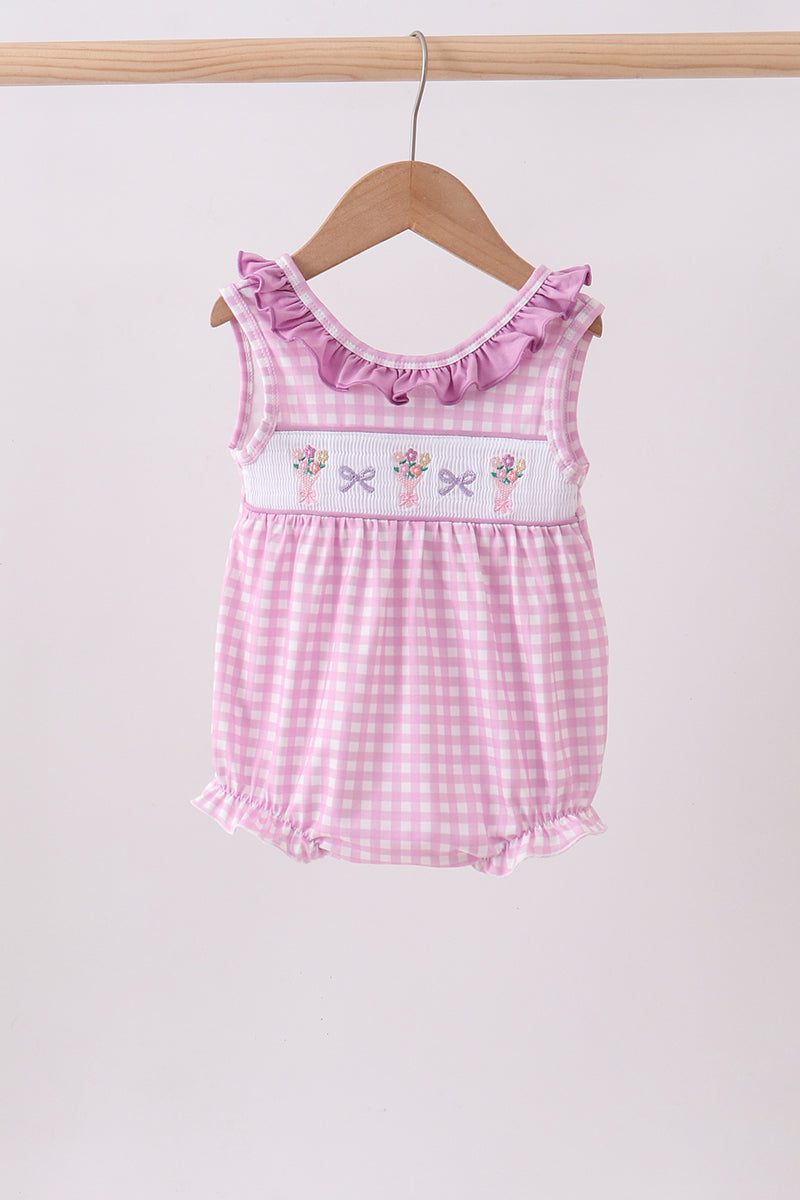 Pink floral bow smocked ruffle bubble - Aaria Tees Aaria Tees