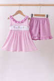 Pink floral bow smocked ruffle shorts set - Aaria Tees Aaria Tees