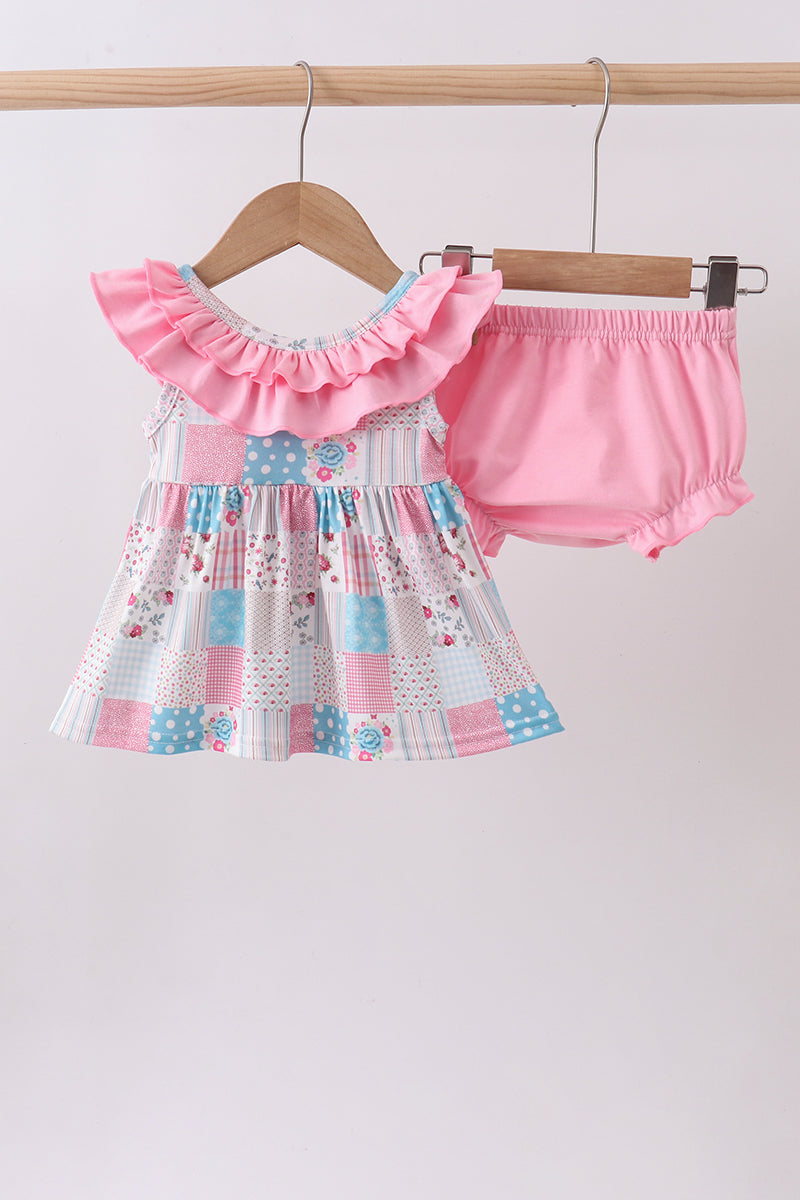 Pink patchwork floral ruffle bloomer set - Aaria Tees Aaria Tees
