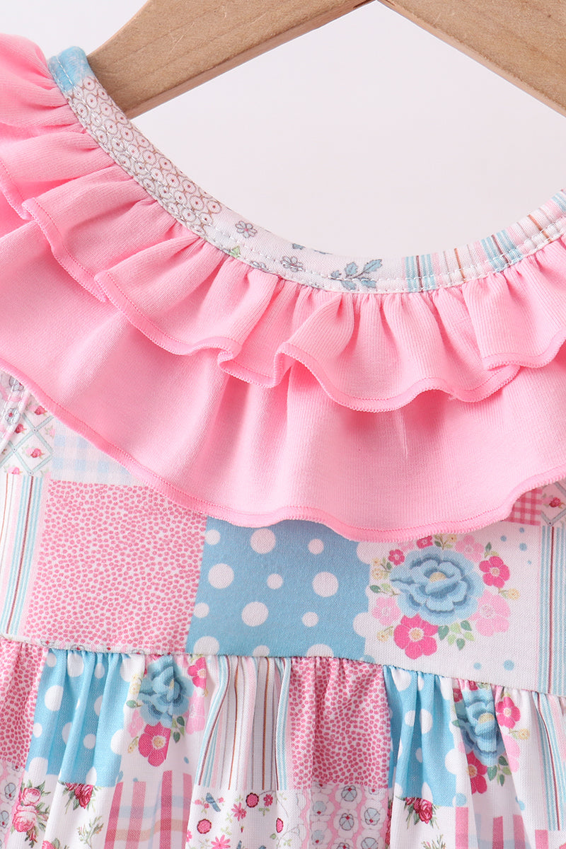 Pink patchwork floral ruffle bloomer set - Aaria Tees Aaria Tees