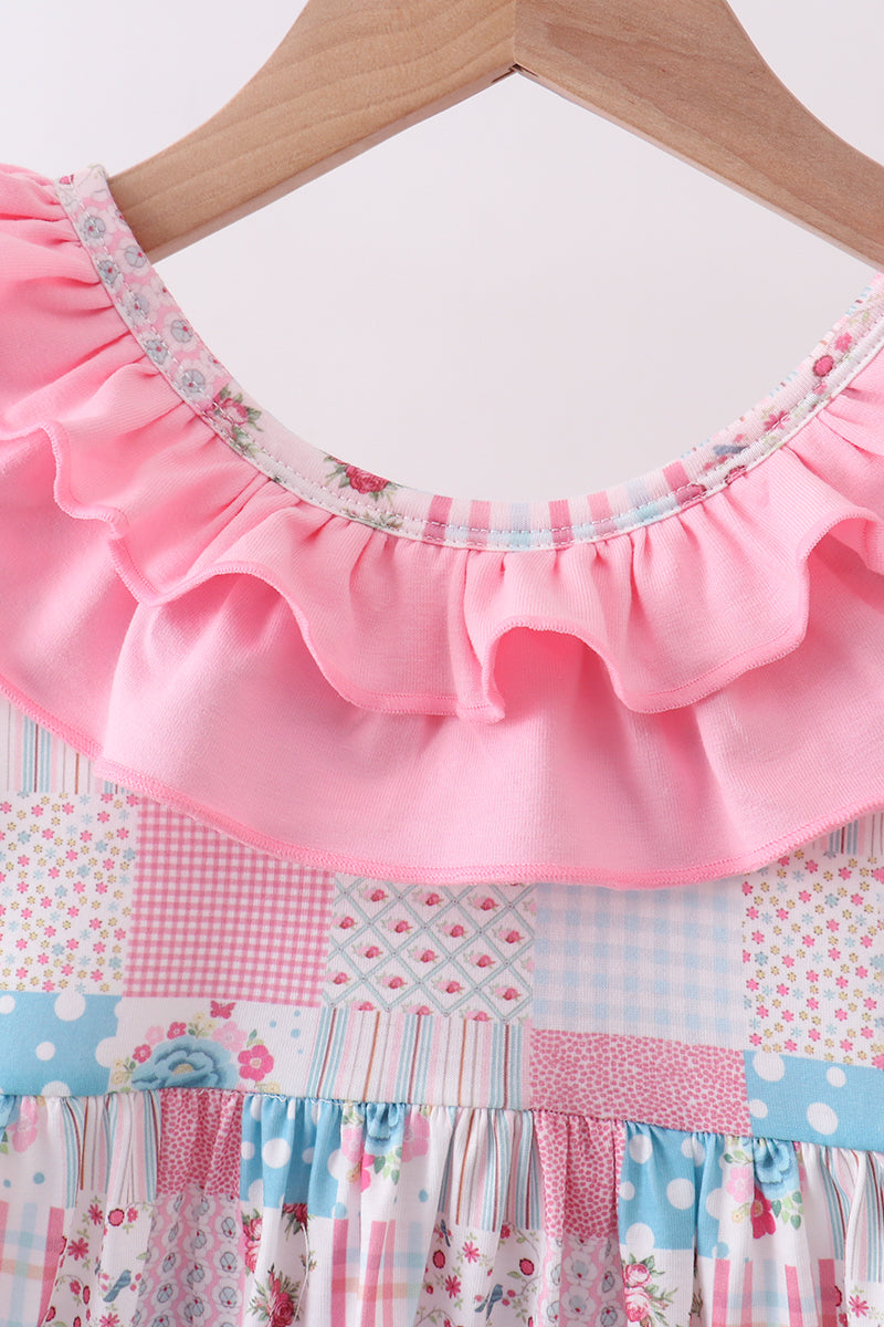 Pink patchwork floral ruffle dress - Aaria Tees Aaria Tees