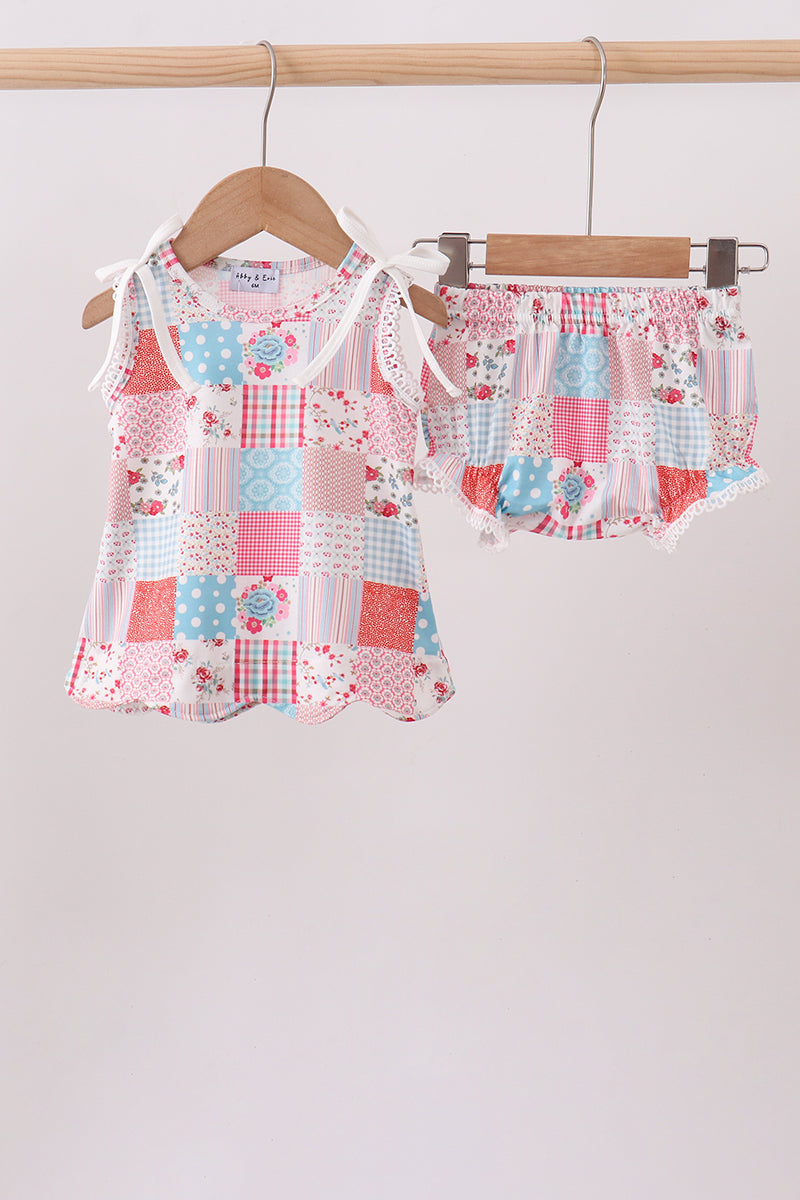 Pink floral patchwork scalloped bloomer set - Aaria Tees