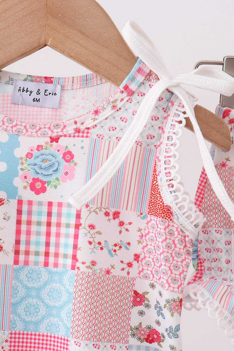 Pink floral patchwork scalloped bloomer set - Aaria Tees Aaria Tees