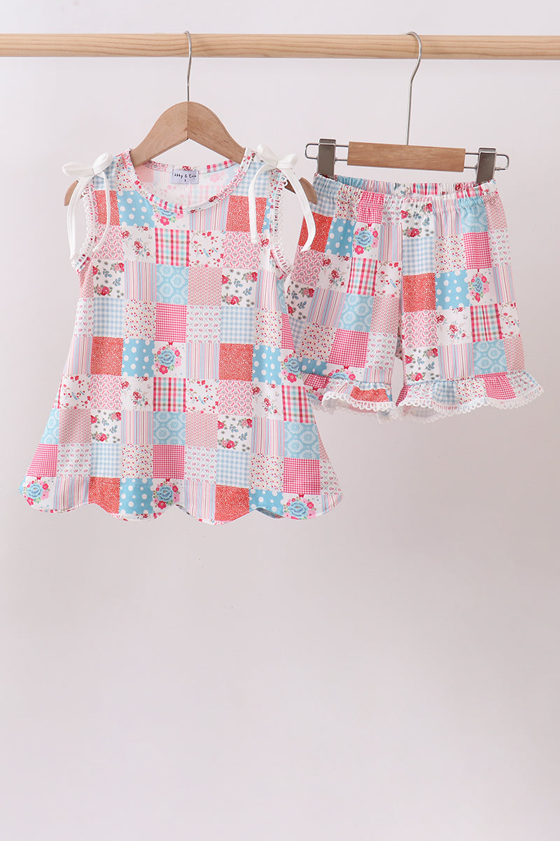 Pink floral patchwork scalloped ruffle shorts set - Aaria Tees