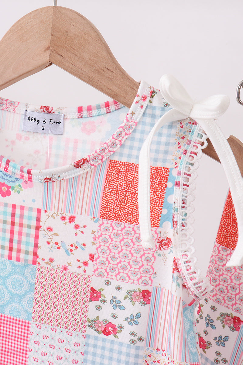 Pink floral patchwork scalloped ruffle shorts set - Aaria Tees Aaria Tees