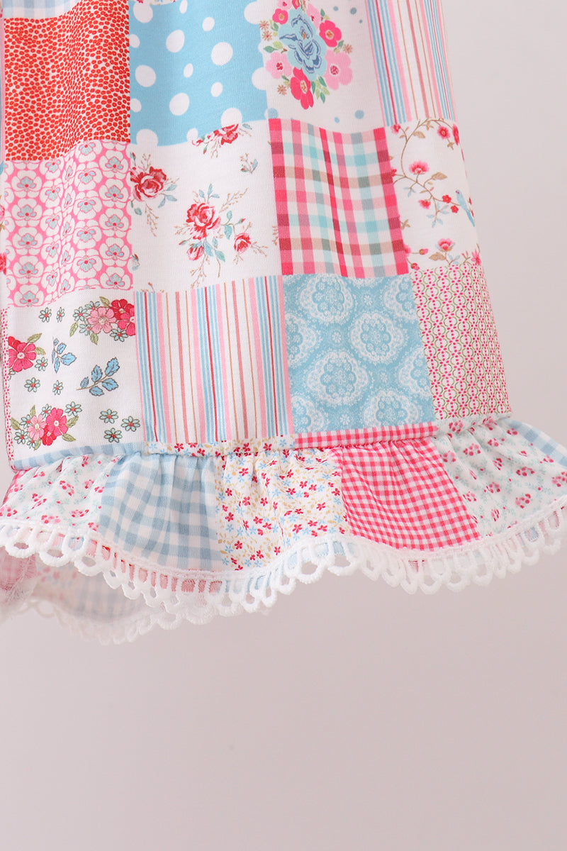 Pink floral patchwork scalloped ruffle shorts set - Aaria Tees Aaria Tees