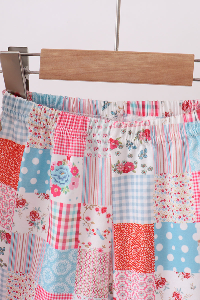Pink floral patchwork scalloped ruffle shorts set - Aaria Tees Aaria Tees