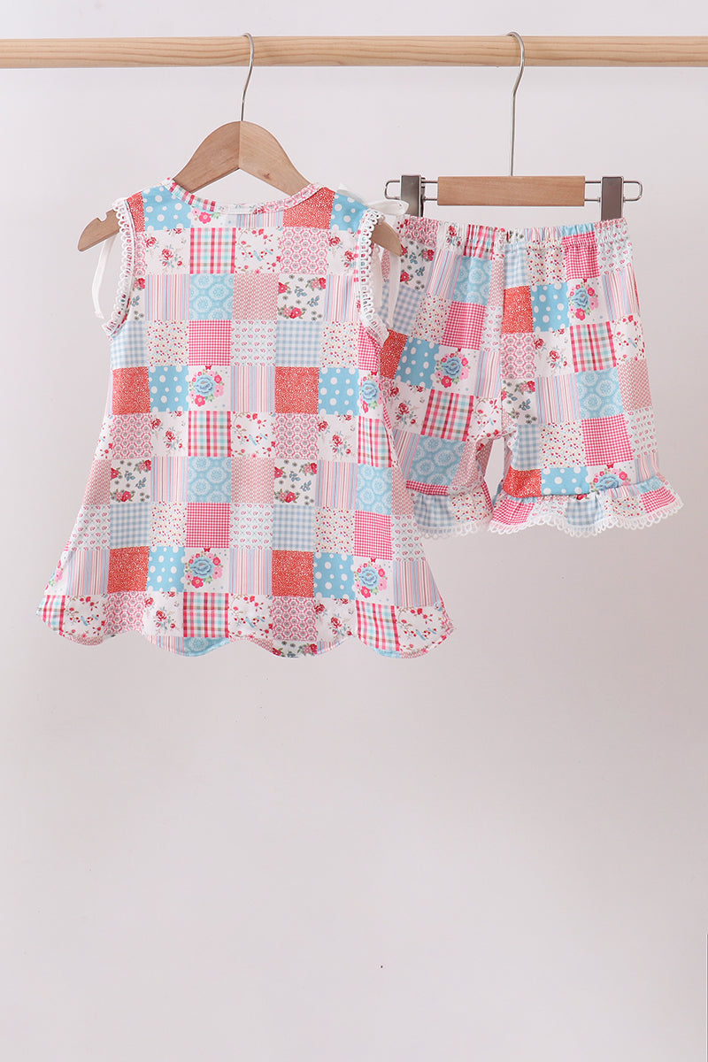 Pink floral patchwork scalloped ruffle shorts set - Aaria Tees Aaria Tees