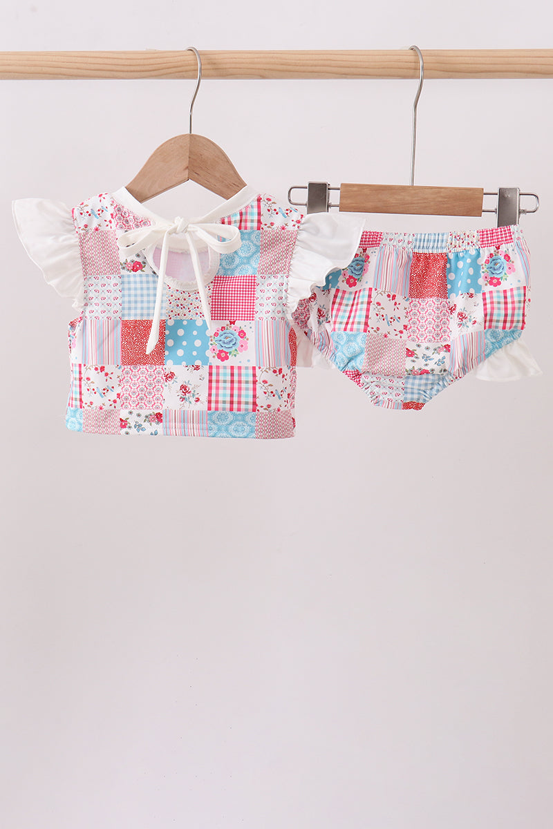 Pink floral patchwork ruffle 2pc swimsuit - Aaria Tees Aaria Tees