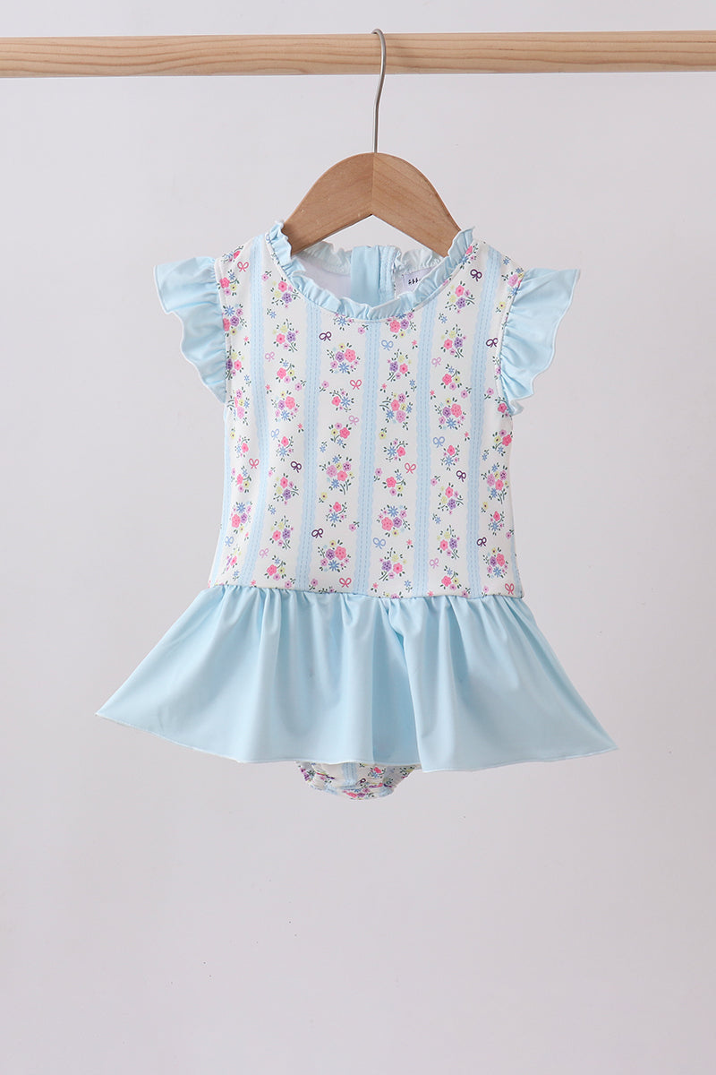 Blue floral ruffle one-piece swimsuit - Aaria Tees
