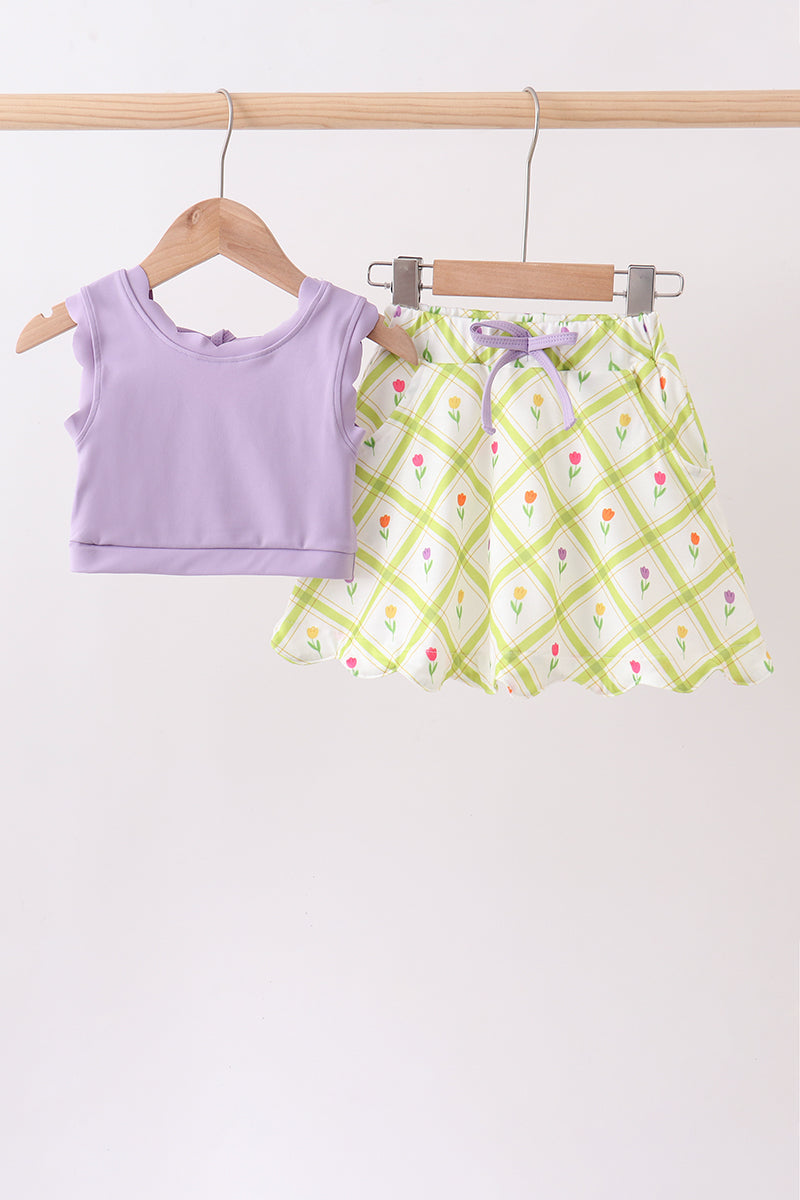 Purple floral bow skorts set - Aaria Tees