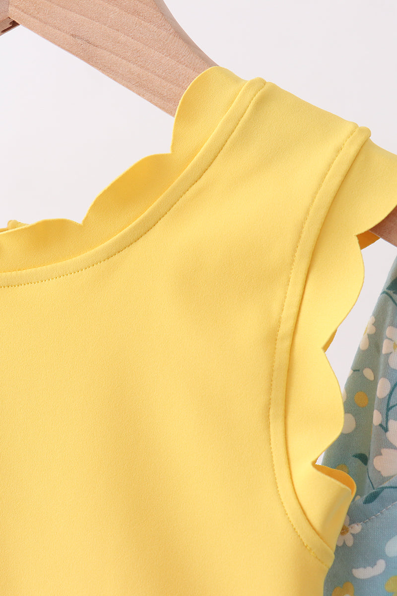 Mustard&green floral bow skorts set - Aaria Tees Aaria Tees