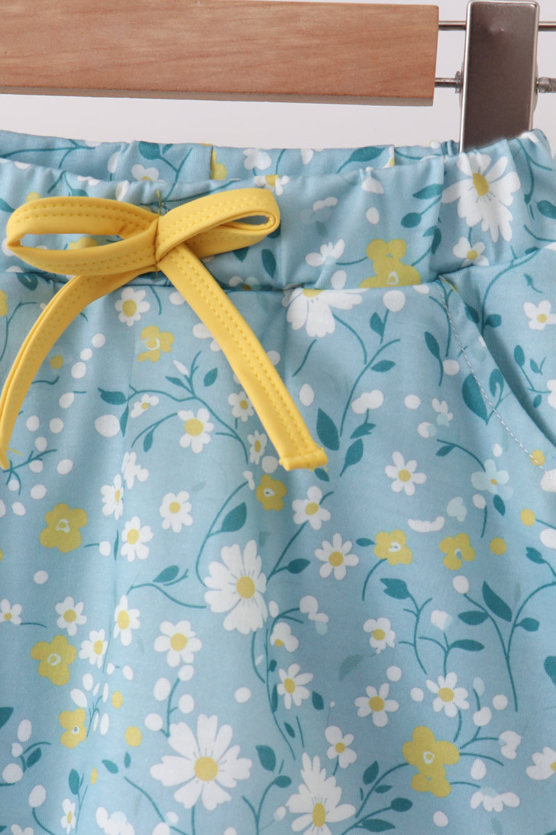 Mustard&green floral bow skorts set - Aaria Tees Aaria Tees