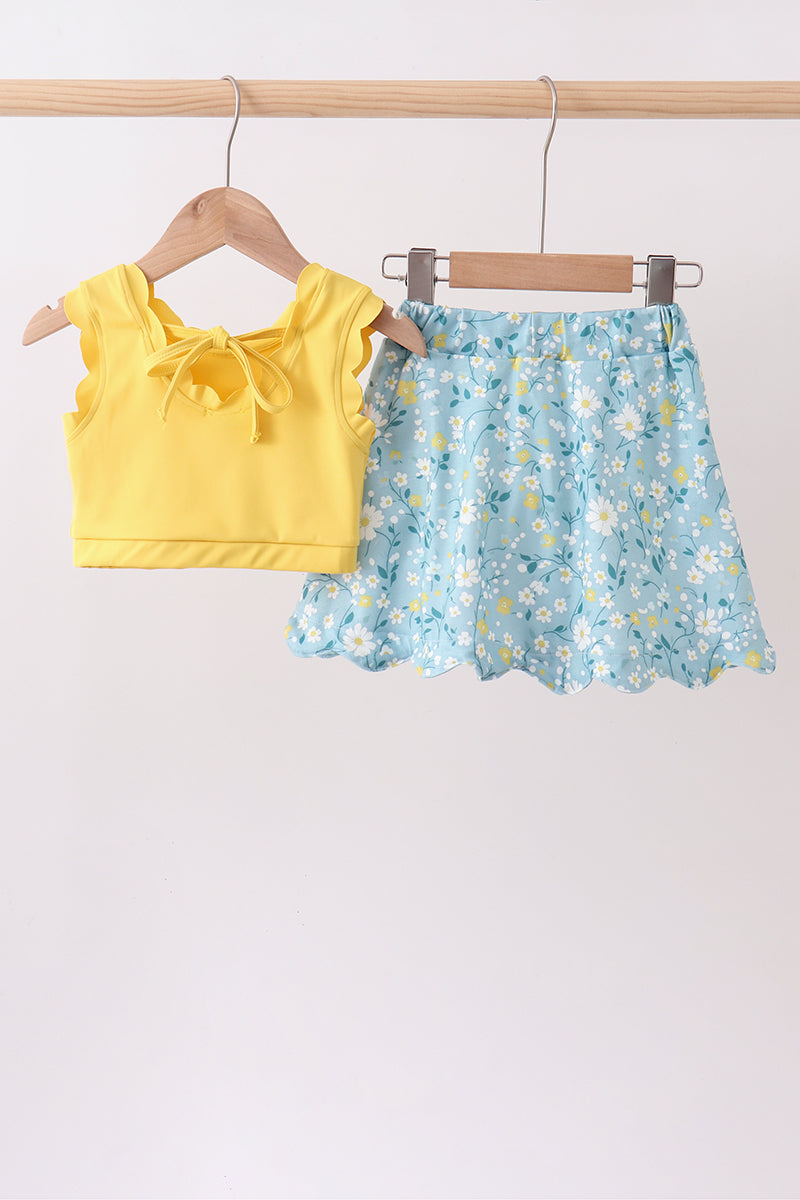 Mustard&green floral bow skorts set - Aaria Tees Aaria Tees