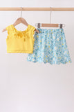 Mustard&green floral bow skorts set - Aaria Tees Aaria Tees