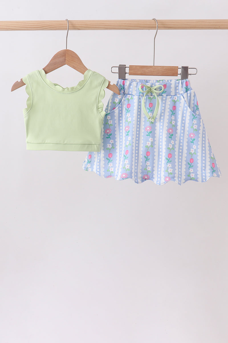 Green&purple floral bow skorts set - Aaria Tees