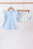 Blue character applique ruffle bloomer set Aaria Tees