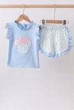 Blue character applique ruffle shorts set Aaria Tees