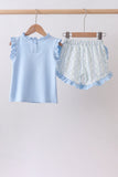 Blue character applique ruffle shorts set Aaria Tees
