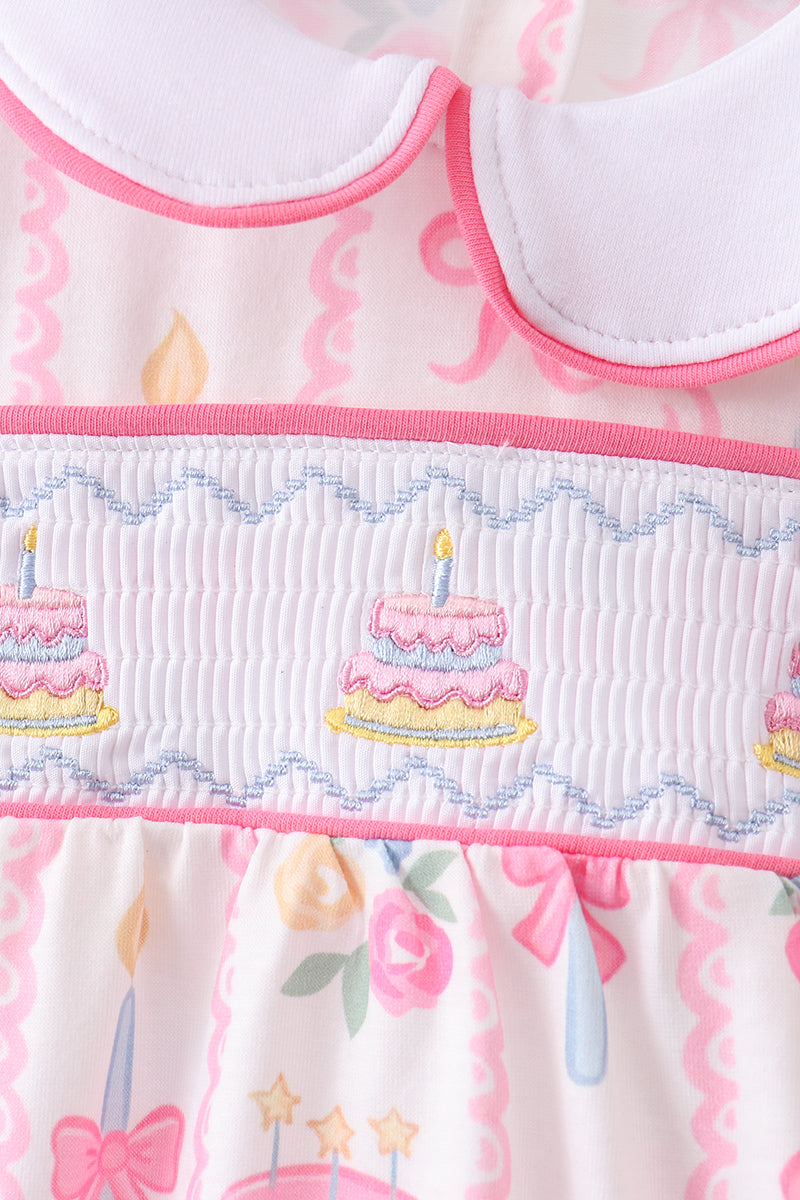 Pink birthday cake smocked bubble - Aaria Tees Aaria Tees