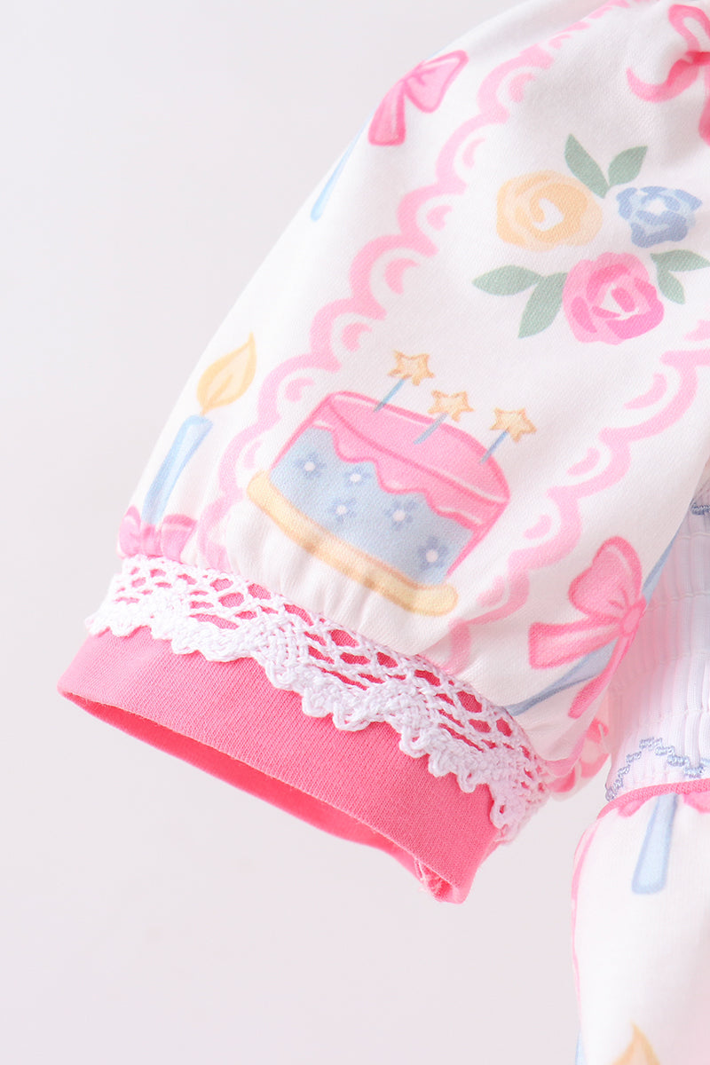 Pink birthday cake smocked bubble - Aaria Tees Aaria Tees