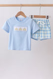 Blue birthday cake smocked plaid shorts set - Aaria Tees Aaria Tees