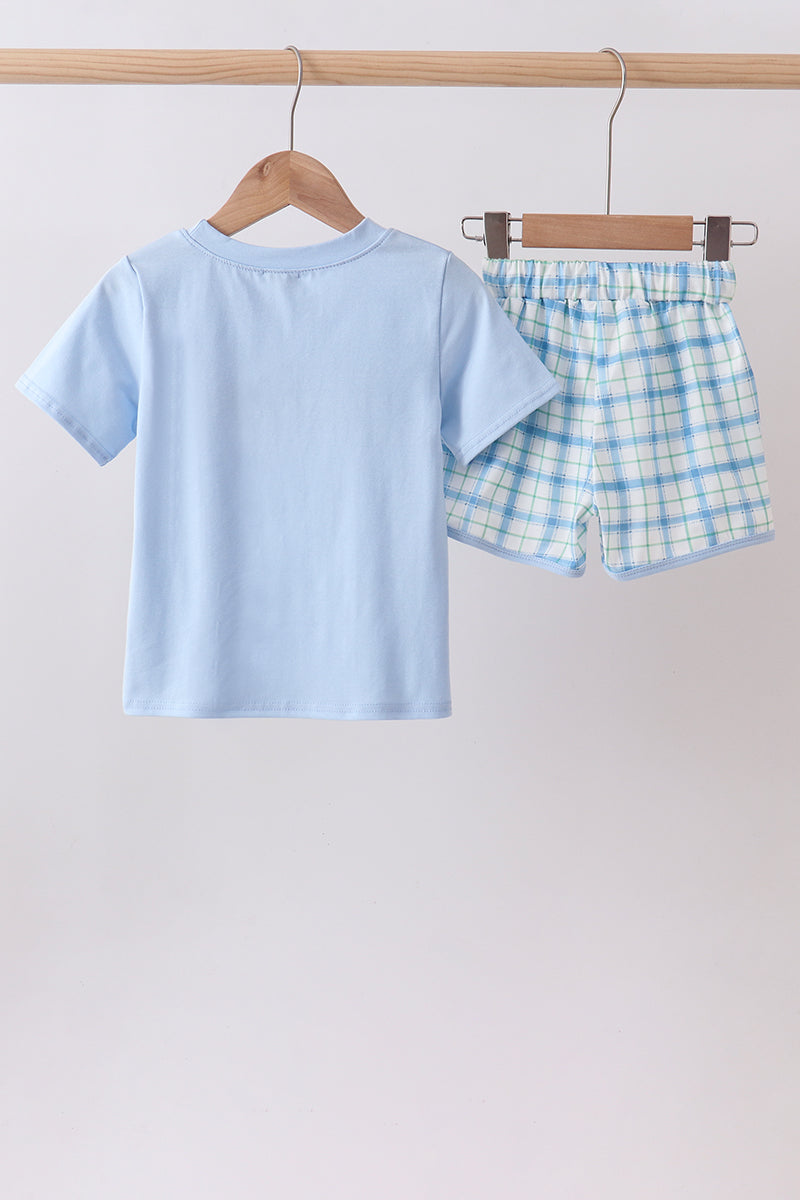 Blue birthday cake smocked plaid shorts set - Aaria Tees Aaria Tees