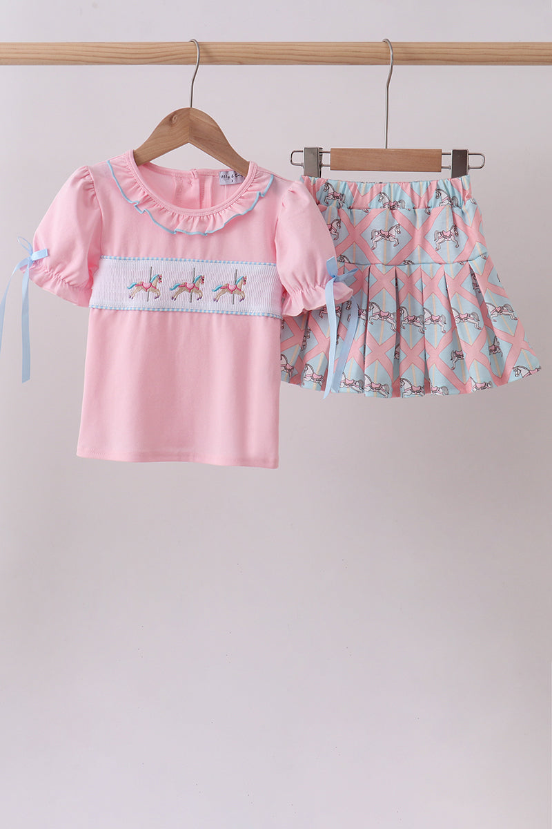 Pink carousel smocked ruffle skorts set - Aaria Tees
