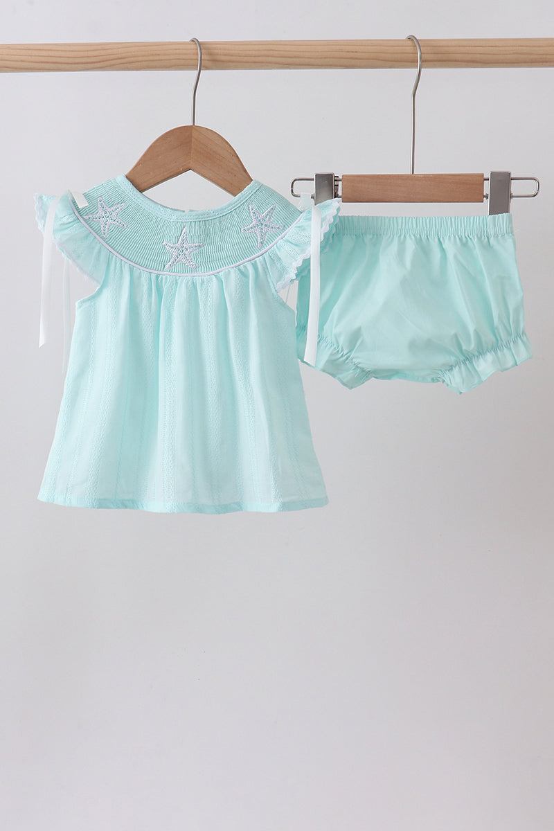 Blue starfish smocked jacquard ruffle bloomer set - Aaria Tees Aaria Tees