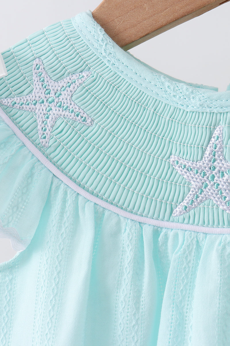 Blue starfish smocked jacquard ruffle bloomer set - Aaria Tees Aaria Tees