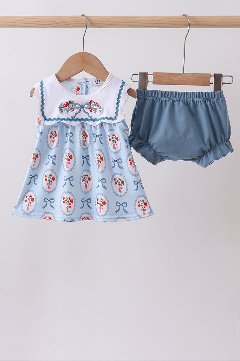 Blue strawberry bow embroidery bloomer set - Aaria Tees Aaria Tees