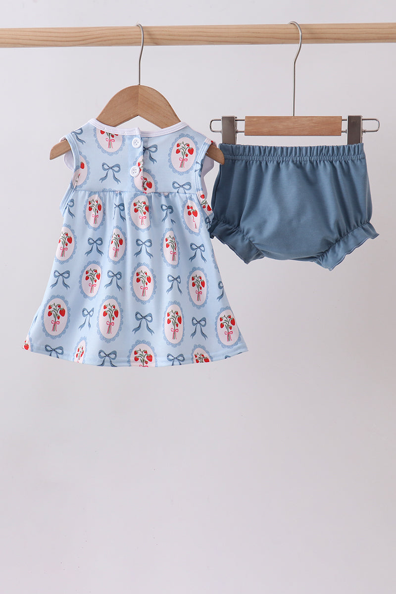 Blue strawberry bow embroidery bloomer set - Aaria Tees Aaria Tees