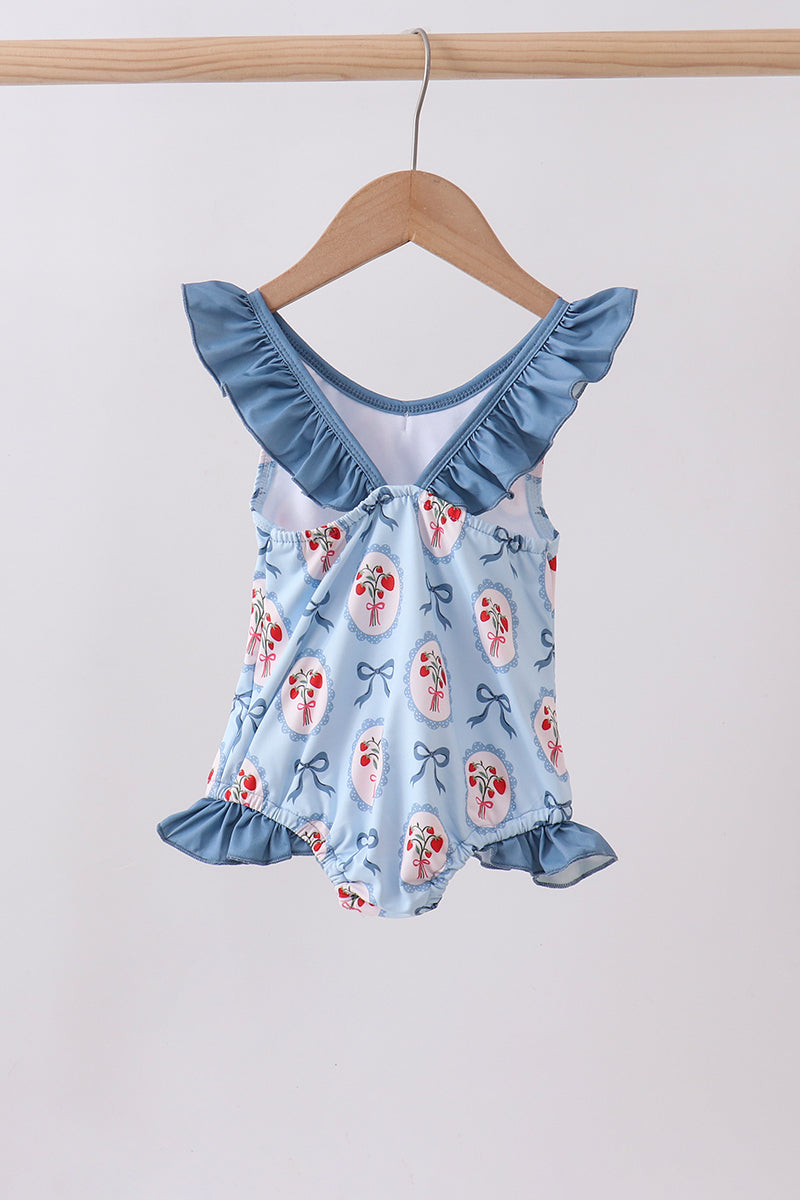 Blue strawberry bow ruffle one-piece swimsuit - Aaria Tees Aaria Tees