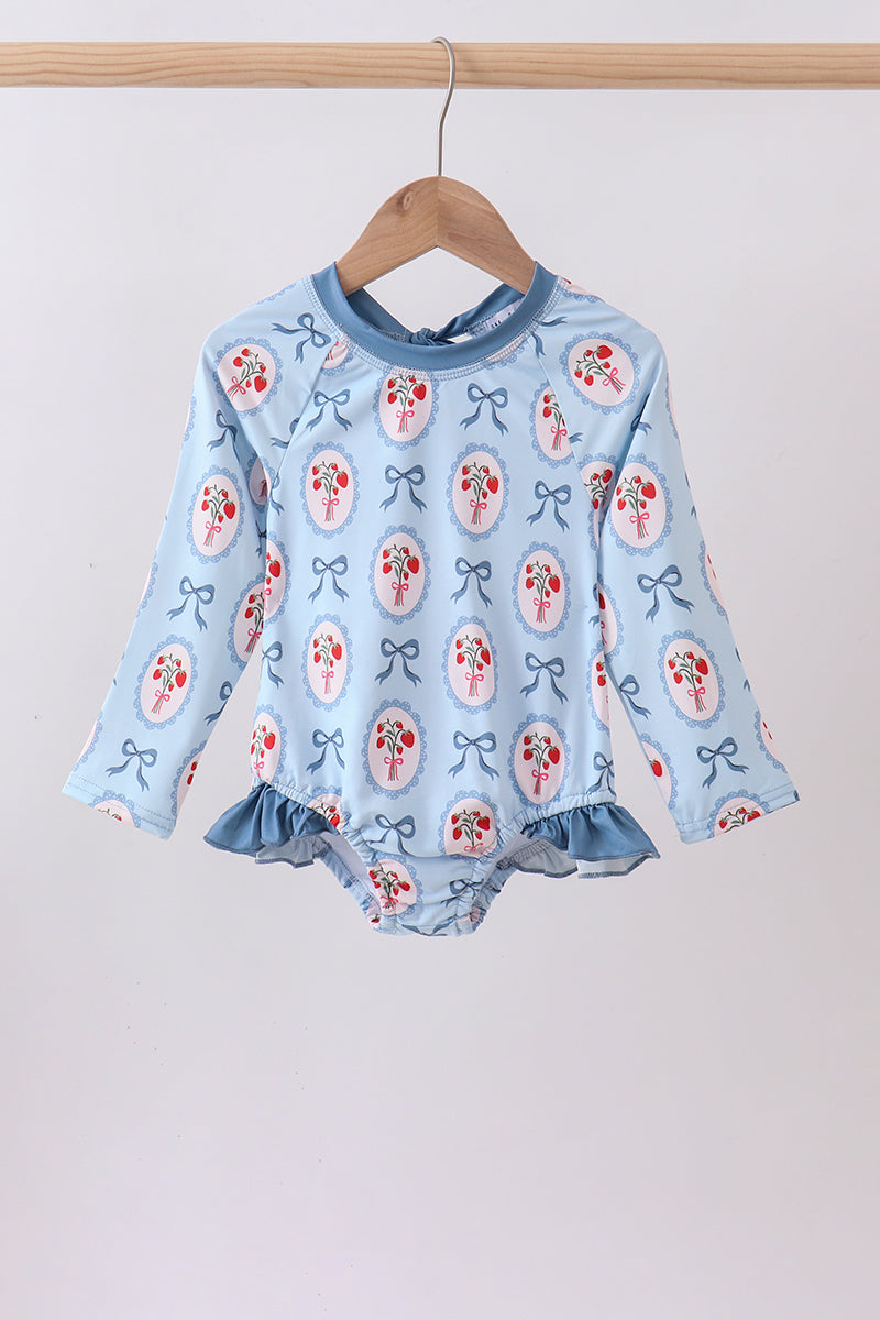 Blue strawberry bow ruffle rashguard - Aaria Tees Aaria Tees