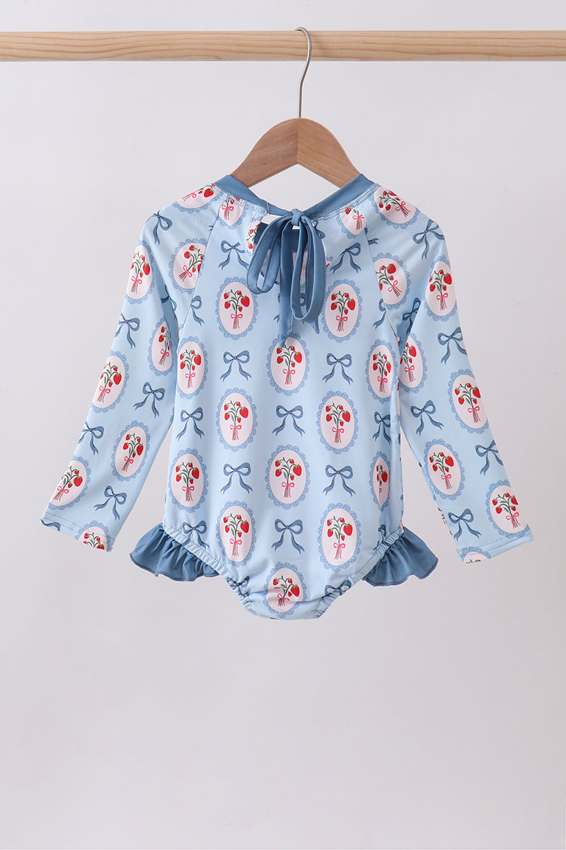 Blue strawberry bow ruffle rashguard - Aaria Tees Aaria Tees