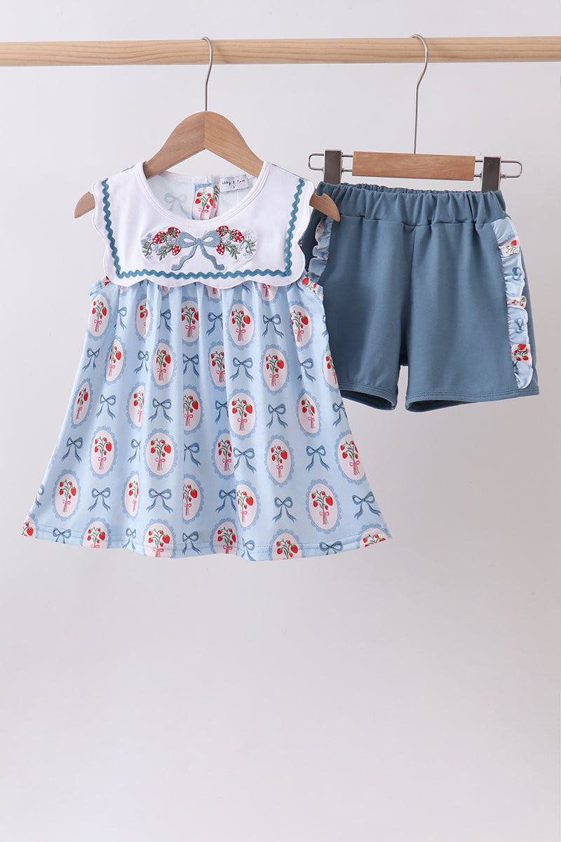 Blue strawberry bow ruffle shorts set - Aaria Tees