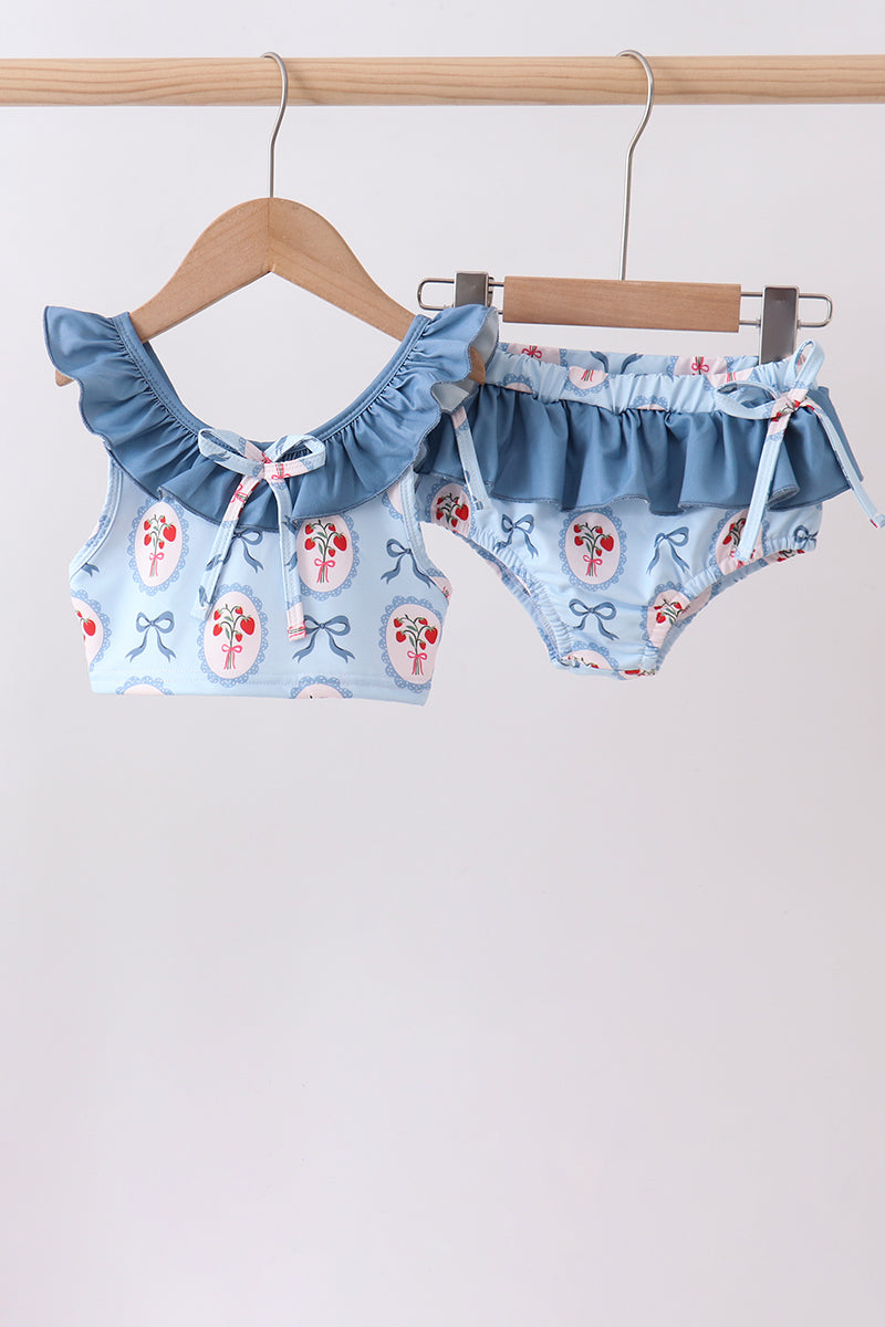 Blue strawberry bow ruffle 2pc swimsuit - Aaria Tees Aaria Tees