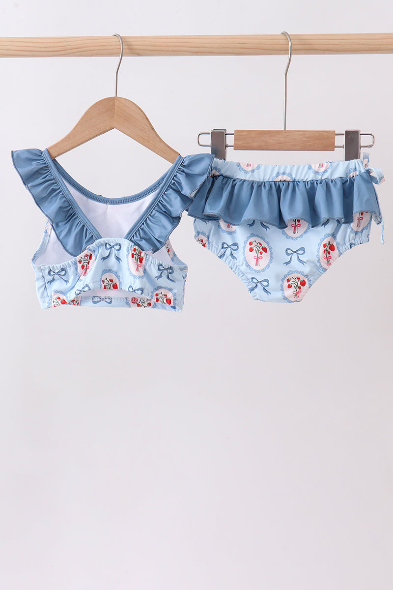 Blue strawberry bow ruffle 2pc swimsuit - Aaria Tees Aaria Tees