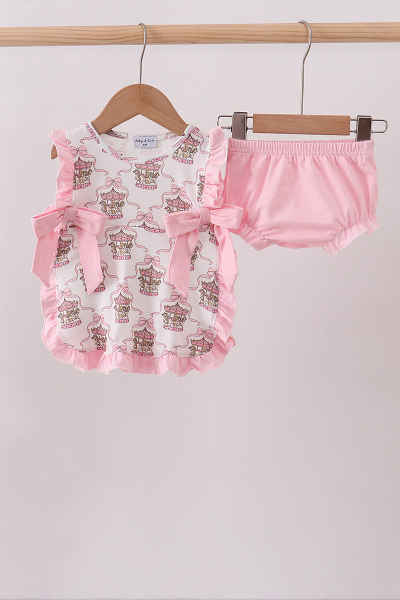 Pink carousel print ruffle bloomer set - Aaria Tees Aaria Tees